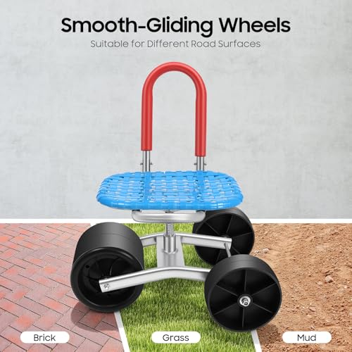 Rolling Garden Seat, 360° Swivel, Adjustable Height, 3 Wheels, Blue