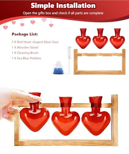 Nacome Plant Terrarium with Wooden Stand, 3 Heart Bulb Glass Vases - color: Red