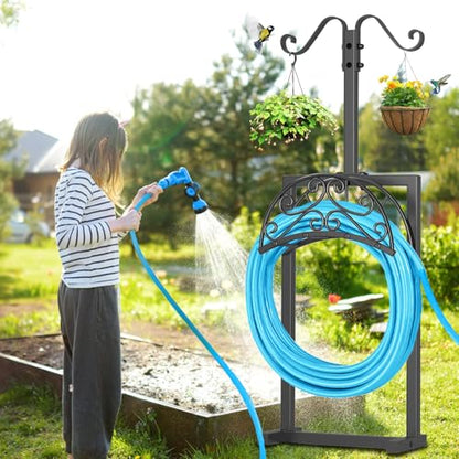 Garden Hose Holder, Freestanding Hose Reel Stand with Shepherd Hook - style: Floral with Shepherds Hooks