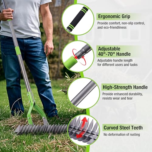 WORKPRO Thatch Rake, 15-Inch Thatching Rake with Telescoping 5FT Handle
