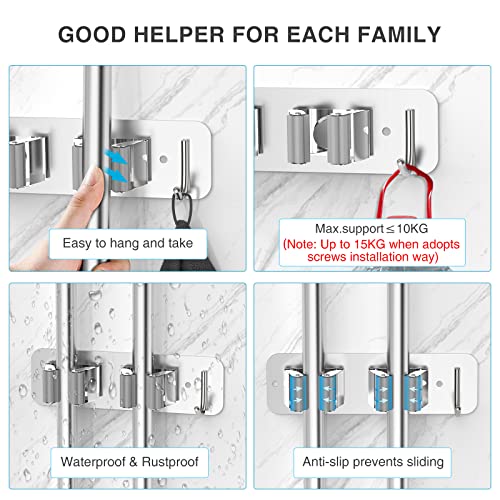 homeasy Wall Mount Mop and Broom Holder, Heavy Duty Stainless Steel Organizer Rack with Hooks | 2-Pack, 2-in-1 No Drill & Screw Installation, Silver - color: Silver-2