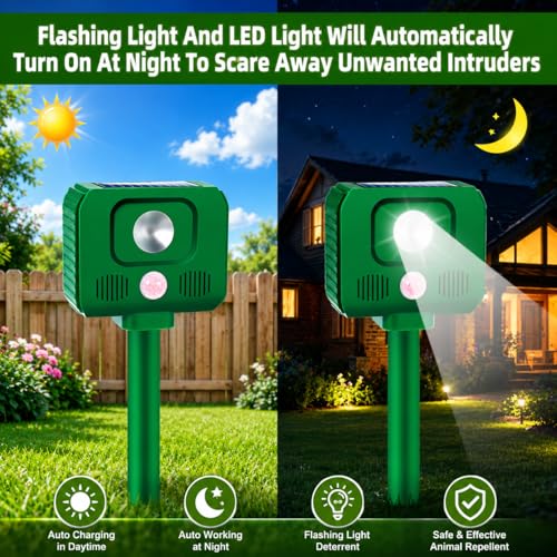 2 Pack Solar Ultrasonic Animal Repellent,Cat Repellent Outdoor Frequency Adjustable Rabbit Squirrel Deer Repellent Devices Raccoon Fox Skunk with Motion Detection & LED Light for Yard Farm Garden