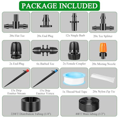 260FT Drip Irrigation System Kit, Automatic Drip Irrigation Kit with 1/2 inch Hose 1/4 inch Distribution Tubing and Accessories for Greenhouse, Yard, Lawn - size: 260 FT (40FT Main tube + 220FT Distribution tube)