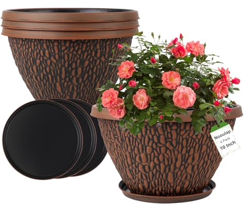 Nooulap Flower Pots Outdoor, 10 Inch Plant Pot, 4 Pack, Brown - color: Pebbles Pattern, size: 10 inch