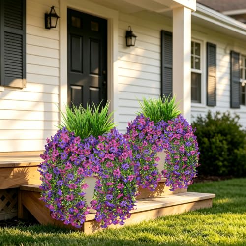7PCS Artificial Fall Hanging Flowers for Outdoor, Six-Petaled Faux Mums - color: Purple