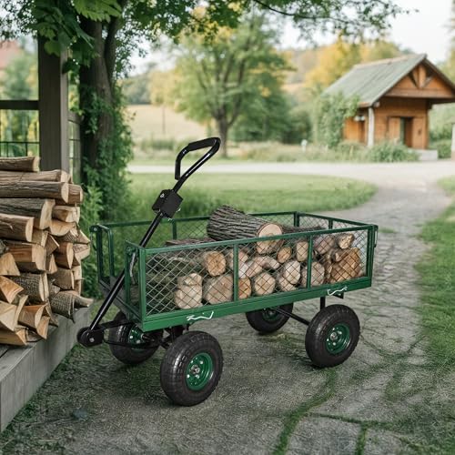 Backyard Expressions Heavy Duty 600 Lbs Capacity Mesh Steel Garden Cart Folding Utility Wagon with Removable Sides and (4) 10 Inch Wheels (Green) - style: 600 Lb