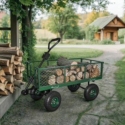 Backyard Expressions Heavy Duty 600 Lbs Capacity Mesh Steel Garden Cart Folding Utility Wagon with Removable Sides and (4) 10 Inch Wheels (Green) - style: 600 Lb