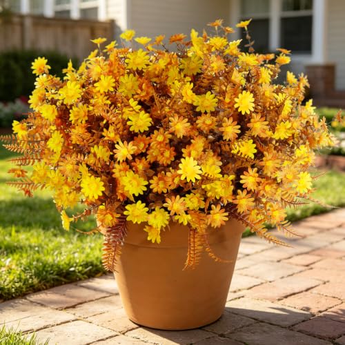 36pcs Fall Fake Flowers for Outdoor Realistic Artificial Flowers for Outdoor UV Resistant Faux Mums Plastic Autumn Flowers No Easy Fade Fall Thanksgiving Fall Flowers for Porch ＆Planter - color: Yellow ＆ Orange ＆ Brown（with Fall Ferns）, size: 36 pcs