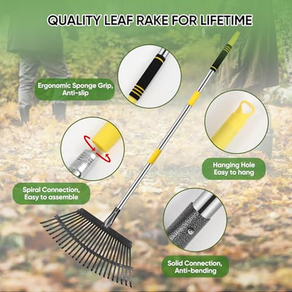 6FT Heavy Duty Garden Rake - 25 Metal Tines, 18.5" Wide Adjustable Steel Handle for Leaves/Lawns/Yards