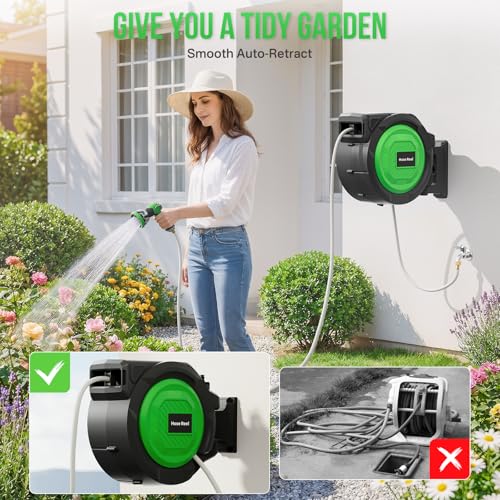 Retractable Garden Hose Reel, 1/2 in x 150 ft Heavy Duty Wall-Mounted Hose Reel with 180° Swivel Bracket, 10-Pattern Nozzle, Automatic Slow Rewind System, Any Length Lock for outside Watering,Cleaning