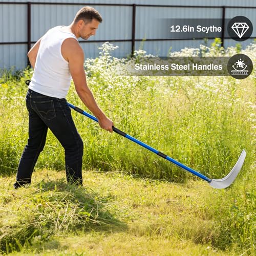 12.6'' Scythe Tool for Grass Cutting, 4 Stainless Steel Poles, Adjustable Dual-Hand Grip, Professional-Grade Blade, for Clearing Bushes, Vines, Fields, Ditches, Paths, Landscaping, Blue, 67in. - size: 12.6'' Scythe with 4 Poles