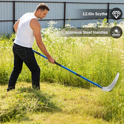 12.6'' Scythe Tool for Grass Cutting, 4 Stainless Steel Poles, Adjustable Dual-Hand Grip, Professional-Grade Blade, for Clearing Bushes, Vines, Fields, Ditches, Paths, Landscaping, Blue, 67in. - size: 12.6'' Scythe with 4 Poles