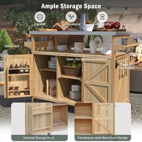 Outdoor Deck Box and Grill Prep Station with 201 Stainless Steel Top, Solid Fir Wood Patio Storage Cabinet for BBQ Tools and Cushions, Rolling Kitchen Island with Spice Rack, 50-Inch, Natural - color: Natural - 50.25 X 18.50 X 36.25 Inch