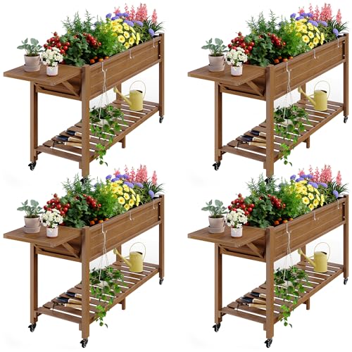YEFU Raised Garden Bed with Legs, HIPS, Waterproof, 57x18x30in, 4pcs, Teak - color: Teak, size: All-in-One Rolling Planter(4PCS)