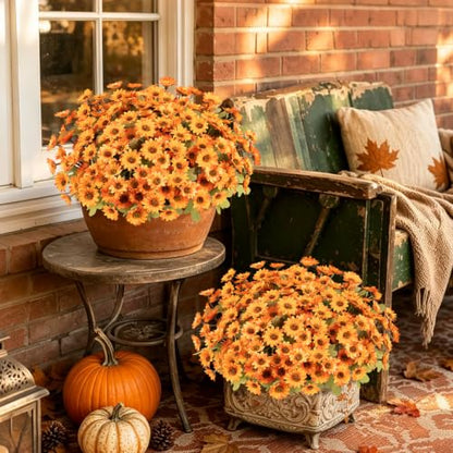 12 PCS Artificial Mums for Outdoors, UV Resistant Fake Fall Flowers - color: Orange
