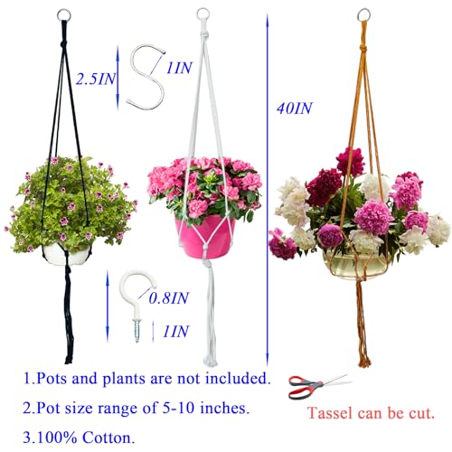 Macrame Plant Hangers Planter Flower Pots Holder 3 Pack Basket Stand Tassels with 6 Hooks Kit Cotton Rope for Decorative Indoor Outdoor Patio Garden Boho Home Décor (POTS NOT Included) (WHITE) - color: White