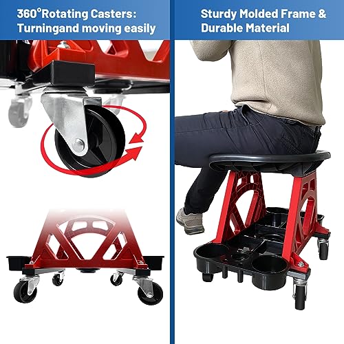 HOXWELL Durable Mechanic Seat with Wheels - Heavy Duty Rolling Stool Car Detailing Creeper Seat with Tool Tray for Workshop, Auto Repair Shop and Home