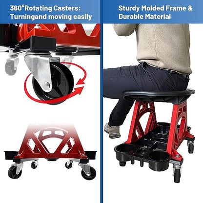 HOXWELL Durable Mechanic Seat with Wheels - Heavy Duty Rolling Stool Car Detailing Creeper Seat with Tool Tray for Workshop, Auto Repair Shop and Home