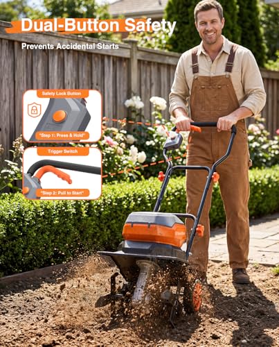 12 Inch Electric Tiller Cultivator, 40V Cordless Tiller for Gardening with 2 * 5.0 Ah Batteries, 8 Inch Depth Rototillers Battery Powered with Adjustable Wheels for Lawn Yard Weeding Soil Cultivation - size: 12"x8"