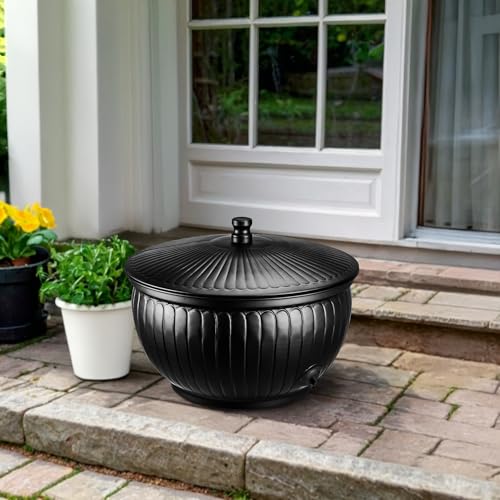 Monarch Abode Garden Hose Holder with Lid – Decorative Water Hose Holders for Outside, Arch Embossed Metal Matte Black Pot with Drainage, 100ft Waterhose Holder for Outside, Garden Storage Caddy - color: Matte Black