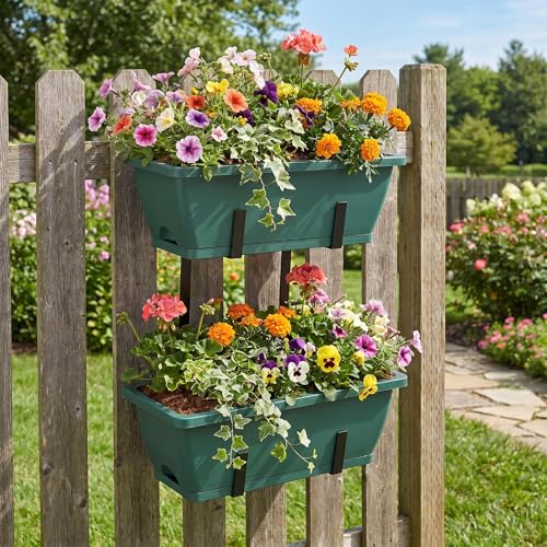 CADUKE 2-Tier Deck Railing Planter Boxes, 16.9 Inch Hanging Fence Flower Boxes with Detachable Hooks & Drain Holes for Porch & Garden, Green - color: Green