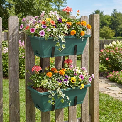 CADUKE 2-Tier Deck Railing Planter Boxes, 16.9 Inch Hanging Fence Flower Boxes with Detachable Hooks & Drain Holes for Porch & Garden, Green - color: Green