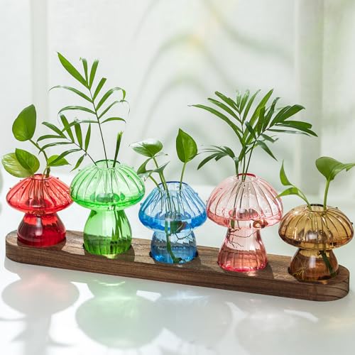 Hewory Plant Propagation Station: 5PCS Colored Mushroom Vase with Wood Tray - color: Colored, size: 5