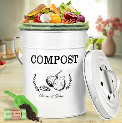 AOSION 1 Gallon Countertop Compost Bin for Kitchen with Lid,Odor Resistant - color: White(50 Pack Trash Bags & Garden Shovel)