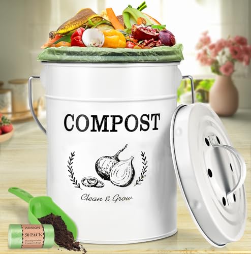 AOSION 1 Gallon Countertop Compost Bin for Kitchen with Lid,Odor Resistant - color: White(50 Pack Trash Bags & Garden Shovel)