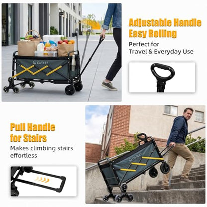 Folding Utility Cart with Triangular Wheels, 2 in 1 Collapsible Wagon for Stairs, Multi-Scene Stair Climbing Wagon, Lightweight Hand Truck with Telescoping Handle for Grocery, Laundry, Moving, Office