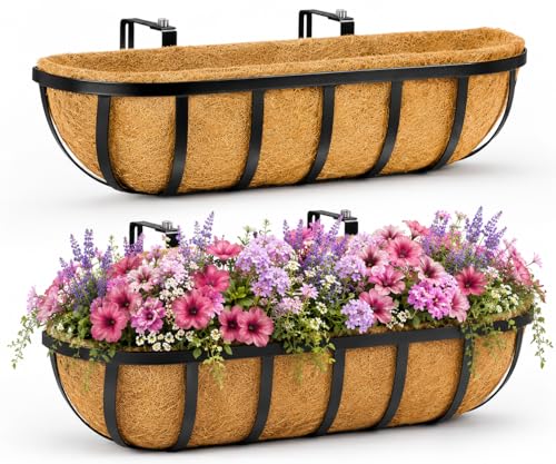 Y&M 24'' Outdoor Planters, 2 Pack Window Boxes with Coconut Coir Liner, Hanging Flower Planter for Balcony, Porch, Fence, Patio Rail - size: 24in 2p