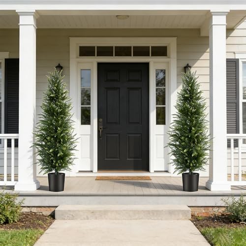 4 ft Artificial Cedar Topiary Trees Set of 2 Outdoor Faux Plants - color: Green, size: 4FT
