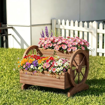 Wood Wagon Planter for outdoor Plants Cute Garden Flower Pots Cart Porch, L - color: Brown-large