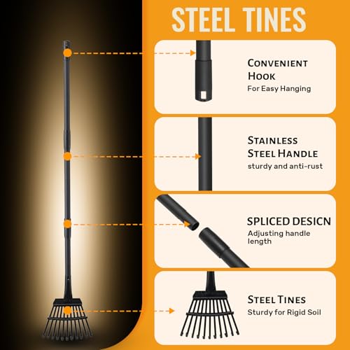 Small Rakes for Garden Beds,11 Tines Heavy Duty Metal Yard Hand Rake with 63in Adjustable Handle,Ideal Gardening Rakes for Gathering Leaves,Shrub,Dog Poop,Garden Flower Beds