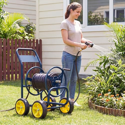 Garden Hose Reel Cart, Mobile Water Hose Cart with Heavy-duty Metal Frame & 4 Solid Wheels, Hold up to 330 ft of 5/8" Hoses, Outdoor Planting Tool for Lawn & Backyard (Navy Blue) - color: Navy Blue