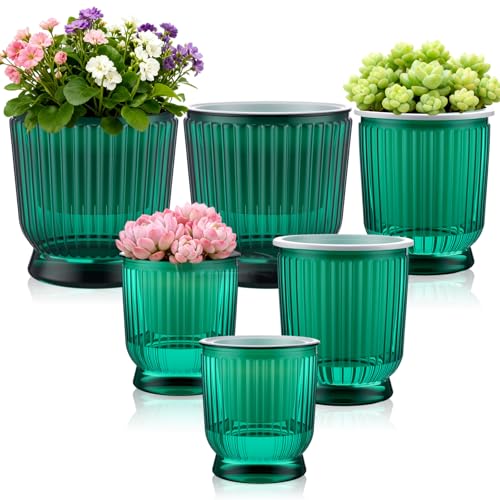 Set of 6 Self Watering Plant Pot 3 Sizes Plastic Double Layer Self Watering Flower Pot with Multi Mesh Drainage Holes Wicking Reservoir for Indoor Outdoor Garden Plants(Green) - color: Green