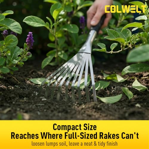 Colwelt Hand Rake 16.5", Small Rake for Gardening with 9 Resilient Flat Tines, Metal Mini Rake with Hanging Hole for Storage, Hand Fan Rake for Leaves, Loosening Soil, Spreading Mulch, Flower Beds