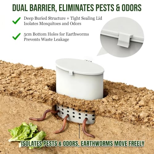 700ML Mini In-Ground Food Scrap Container with Garden Scoop, White Small Odor-Controlled Bin for Planters, Garden, Home & School, Eco-Friendly Kitchen Waste Storage
