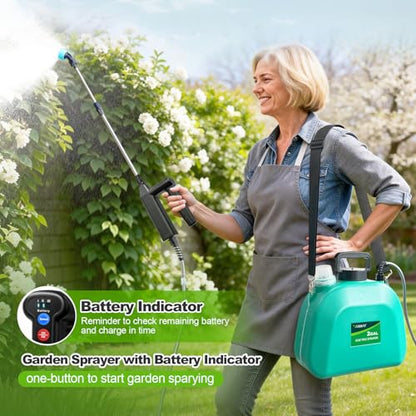 VAXMAY Battery Powered Sprayer 2 Gallon, Upgrade Electric Garden Sprayer with 3 Adjustable Speed, Battery Indicator, 4 Mist Nozzles, Rechargeable Handle, Retractable Wand, Shoulder Strap for Weed Lawn - color: Green