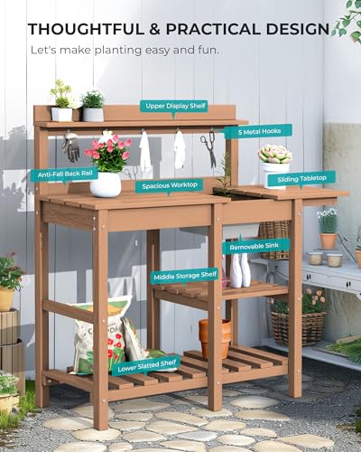 SERWALL Outdoor Potting Bench with Removable Sink,Gardening Table,Brown - color: Brown, size: Classic