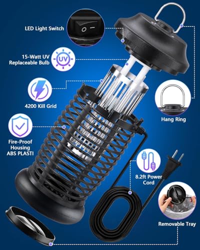 Bug Zapper Outdoor, Plug in Electric Mosquito Fly Zapper w/ 15W Light & 4200V Grid & on/Off Switch, Mosquito Traps & Killer for Indoor, Kitchen（2 Packs） - color: Deep Black