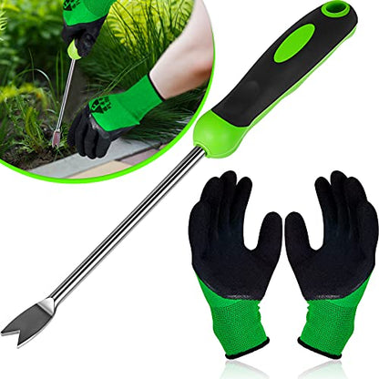 Honoson 2 Pcs Weed Puller Tool Set with Gloves V Shaped Forks Metal Base
