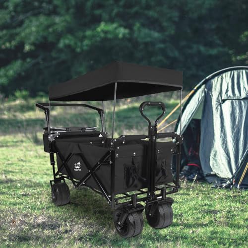Foldable Wagon with Removable Canopy & Cooler Bag - Heavy Duty Collapsible Wagon Utility Cart with 4" All-Terrain Wheels for Camping, Beach, Garden - color: Black-plus