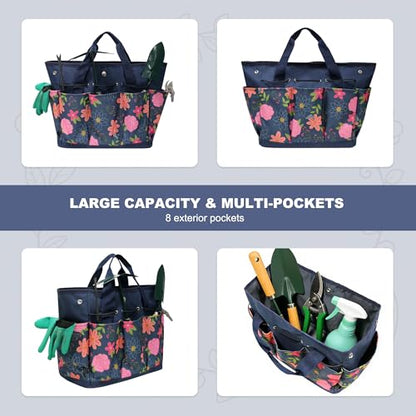 Waterproof Garden Tool Bag, 600D Oxford Portable Gardening Tote with Handle & Multi Pockets, Ideal Gifts for Parents Women (Blue, Tools Not Included) - color: Blue