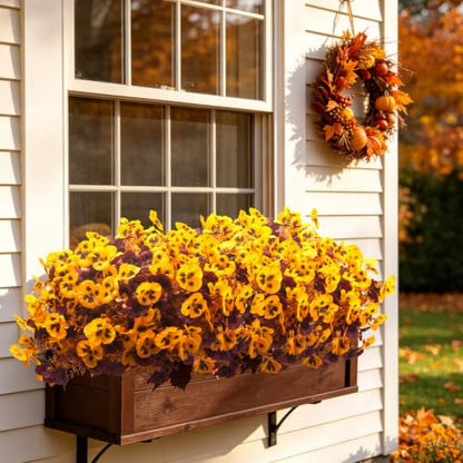 16 Faux Fall Pansy Flowers, UV Resistant Artificial Outdoor No Fade Plants - color: Fall Yellow&wine Red