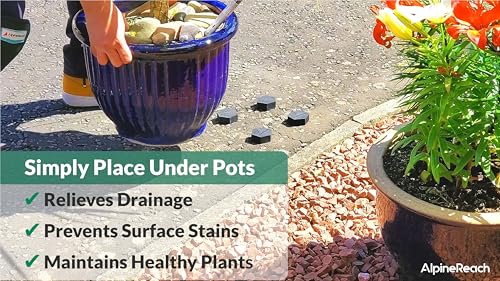 AlpineReach Extra Heavy Duty Pot Feet Risers 12 Pack Hexagons & Adhesive Pads - Protect Healthy Plants - Strong Invisible Supports Small Large Flower Planters Stability - Outdoor Lifter Toes Elevator