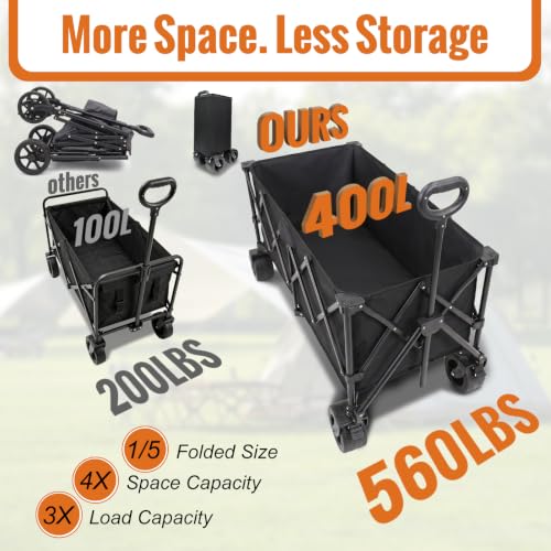 48.4" Extra Long Folding Wagon, 560 LBS Heavy Duty Collapsible Wagon Cart with 6.7" All-Terrain Wheels, 24.4" Wide Utility Wagon for Beach, Camping, Garden, Sports & Outdoor Gear