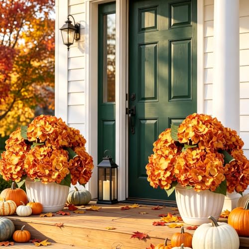 Sousi Fall Hydrangea Artificial Flower for Outdoor, 4 Bundles Fake Hydrangea Bush Plant UV Resistant for Outdoors Front Porch Indoor Home Garden Decor (4, Fall Yellow) - color: Fall Yellow