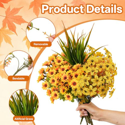 18PCS Artificial Fall Flowers Outdoors, UV Resistant Fake Mums with Grass - color: Yellow Daisies & Violets & Grass