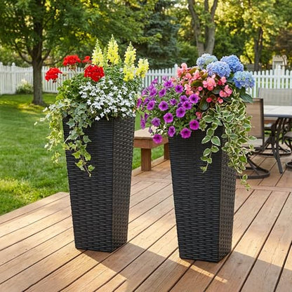 Festnight 24in Tall Planters for Outdoor Plants, Outside Black Planters Set of 2, Resin Front Porch Planters, Outdoor Planters for Porch Backyard Patio, Garden Flower Pots, 11.69x11.69x32.28in - size: 8.94x8.94x23.82in